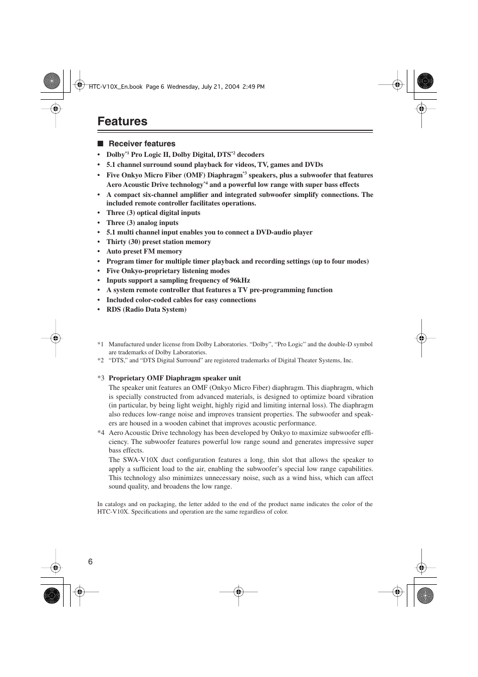 Features | Onkyo HTC-V10X User Manual | Page 6 / 72