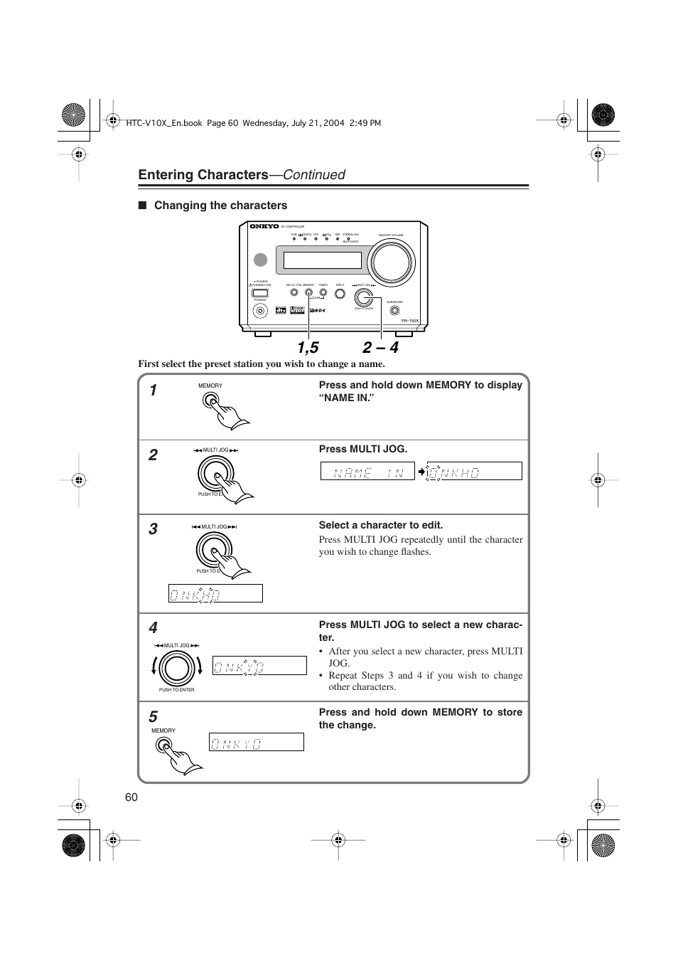 Entering characters —continued, Changing the characters | Onkyo HTC-V10X User Manual | Page 60 / 72