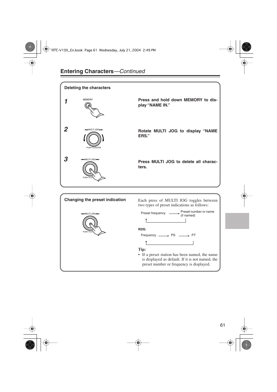 Entering characters —continued | Onkyo HTC-V10X User Manual | Page 61 / 72