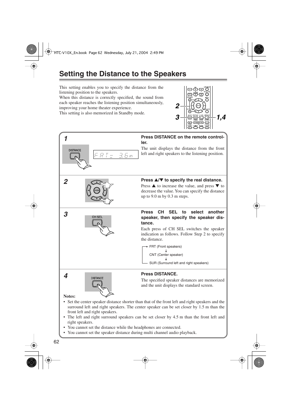 Setting the distance to the speakers | Onkyo HTC-V10X User Manual | Page 62 / 72