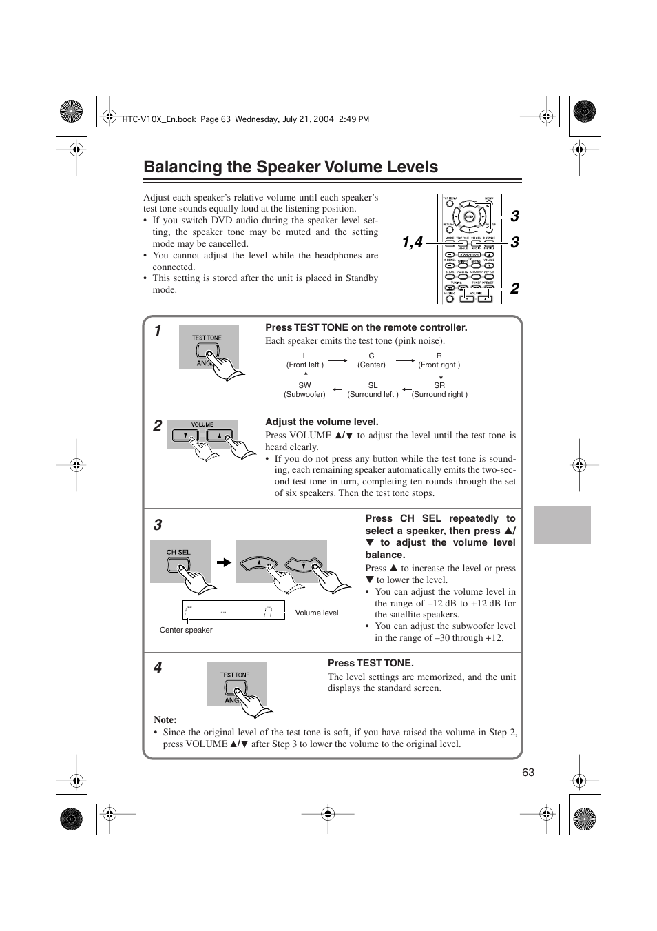 Balancing the speaker volume levels | Onkyo HTC-V10X User Manual | Page 63 / 72