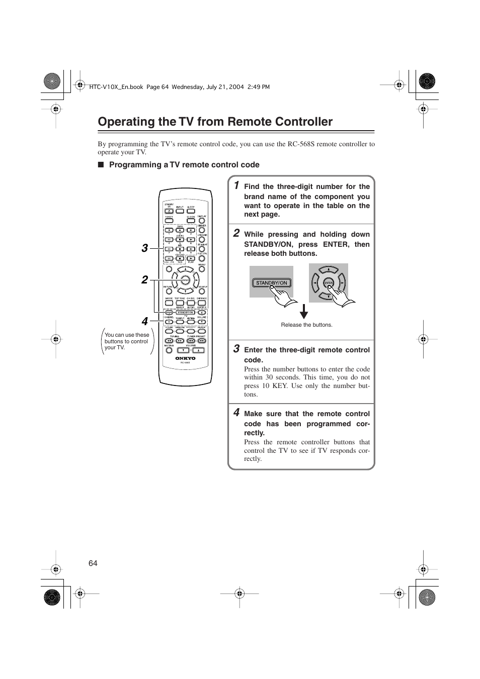 Operating the tv from remote controller | Onkyo HTC-V10X User Manual | Page 64 / 72