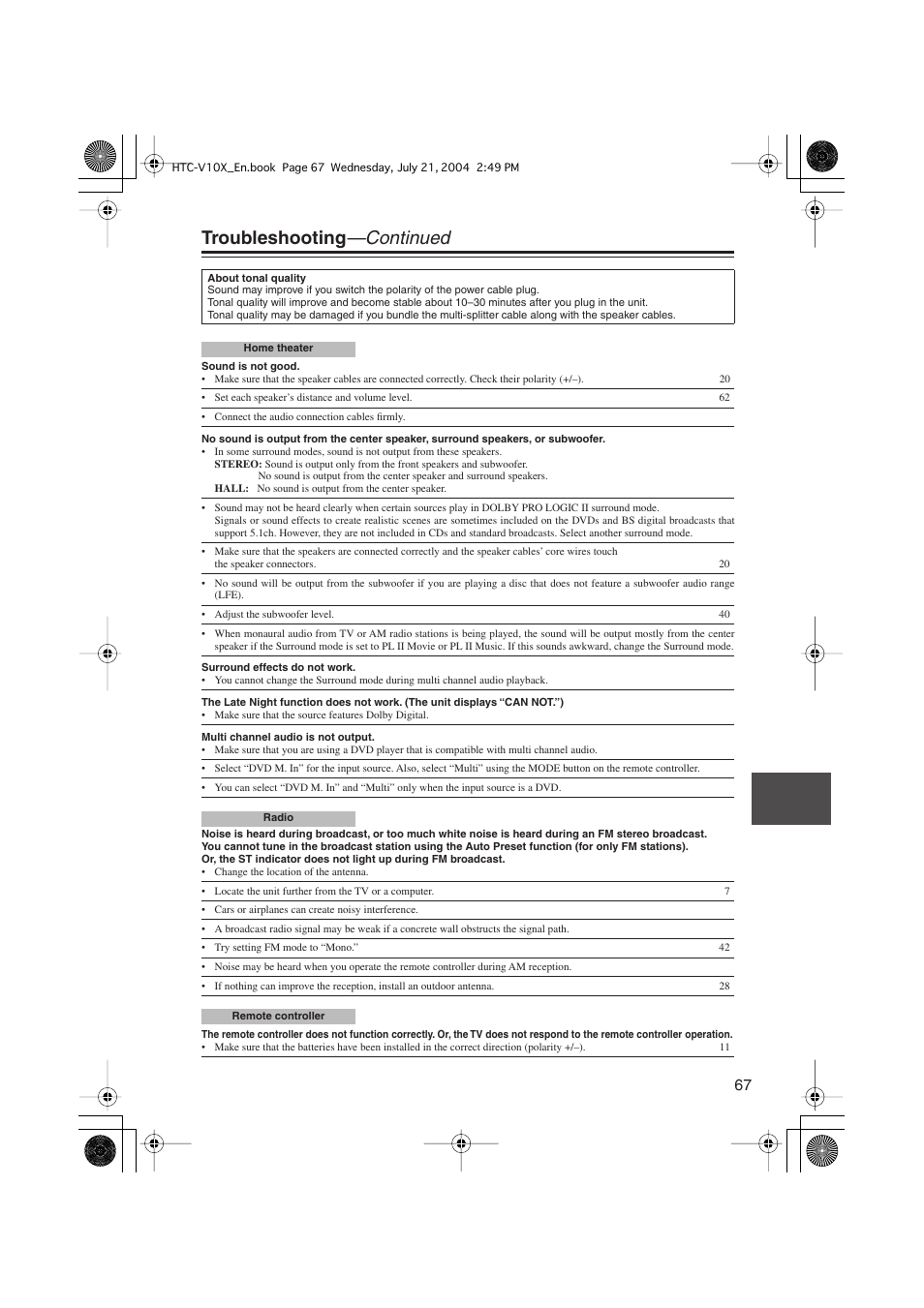 Troubleshooting —continued | Onkyo HTC-V10X User Manual | Page 67 / 72