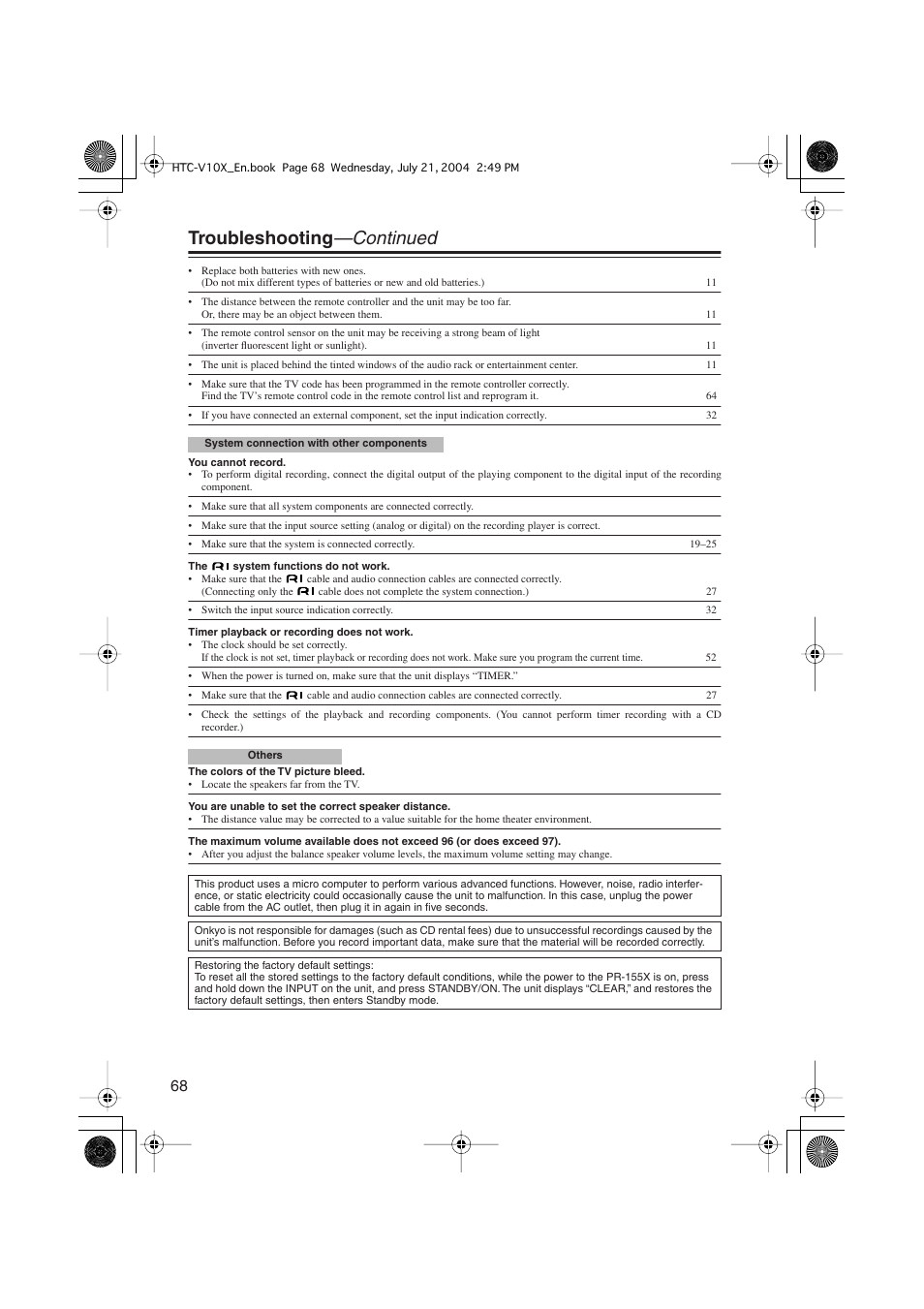 Troubleshooting —continued | Onkyo HTC-V10X User Manual | Page 68 / 72