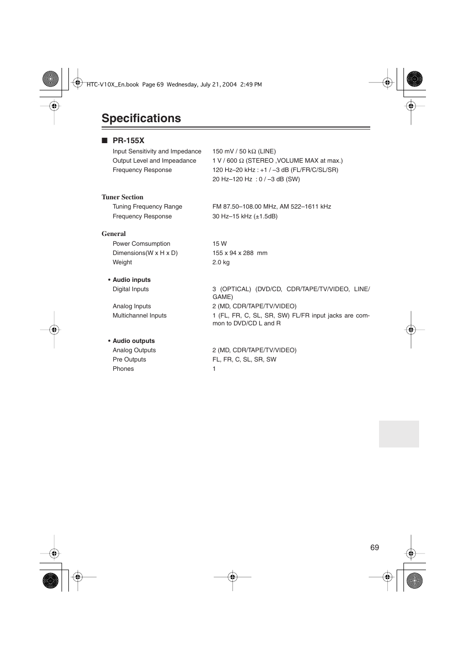 Specifications | Onkyo HTC-V10X User Manual | Page 69 / 72