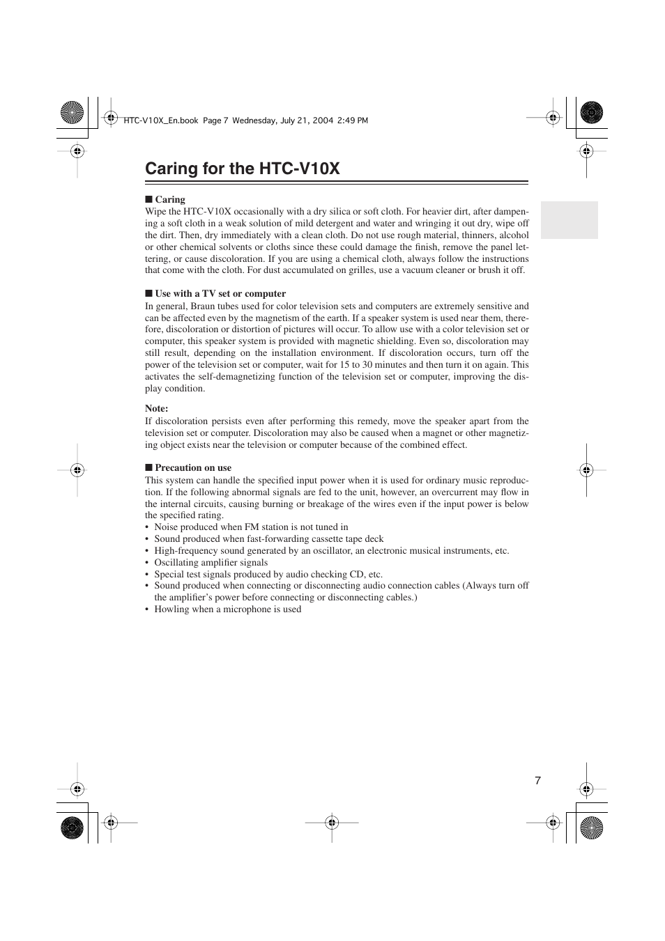 Caring for the htc-v10x | Onkyo HTC-V10X User Manual | Page 7 / 72