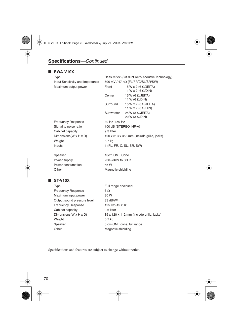 Specifications —continued | Onkyo HTC-V10X User Manual | Page 70 / 72