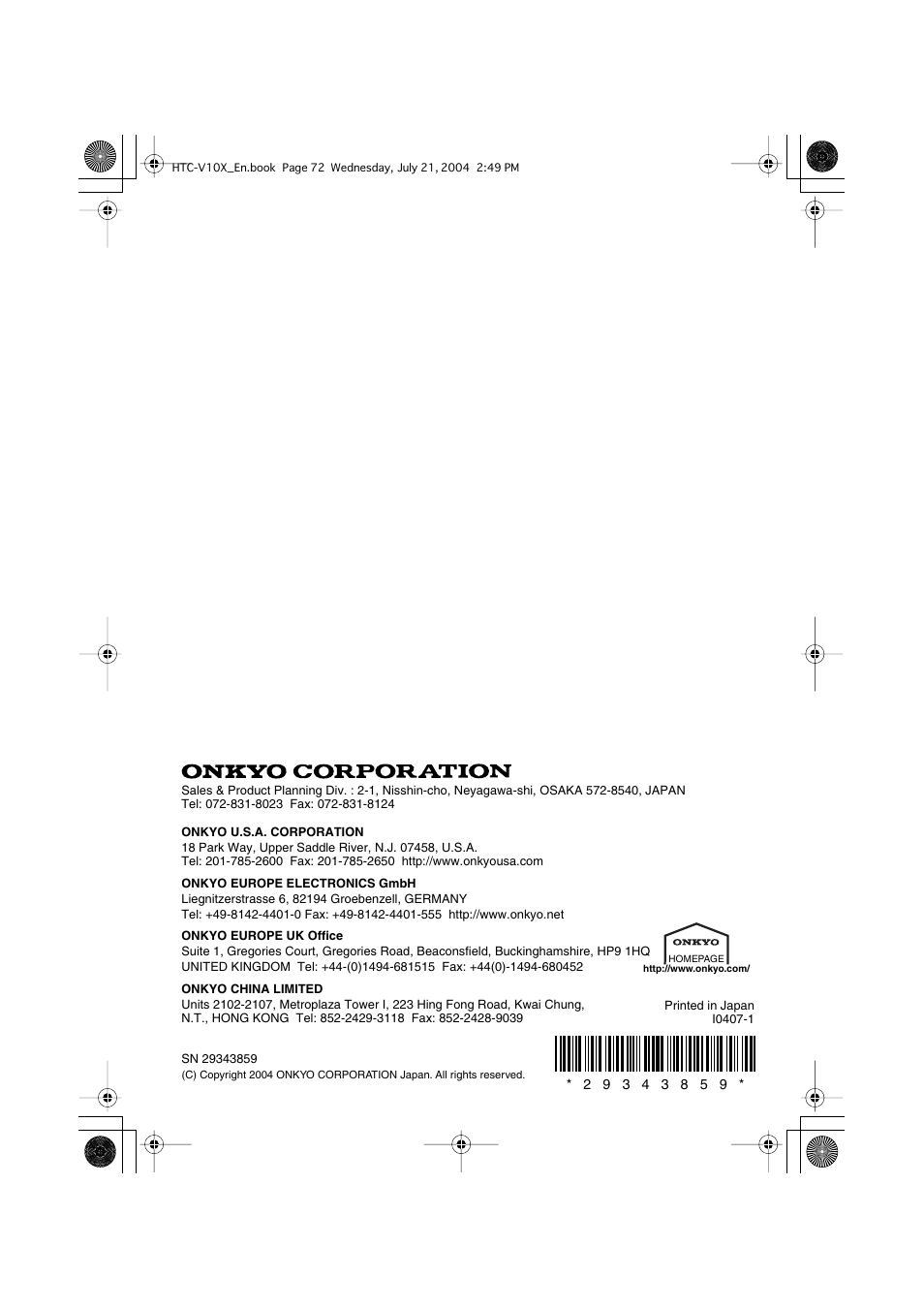 Onkyo HTC-V10X User Manual | Page 72 / 72