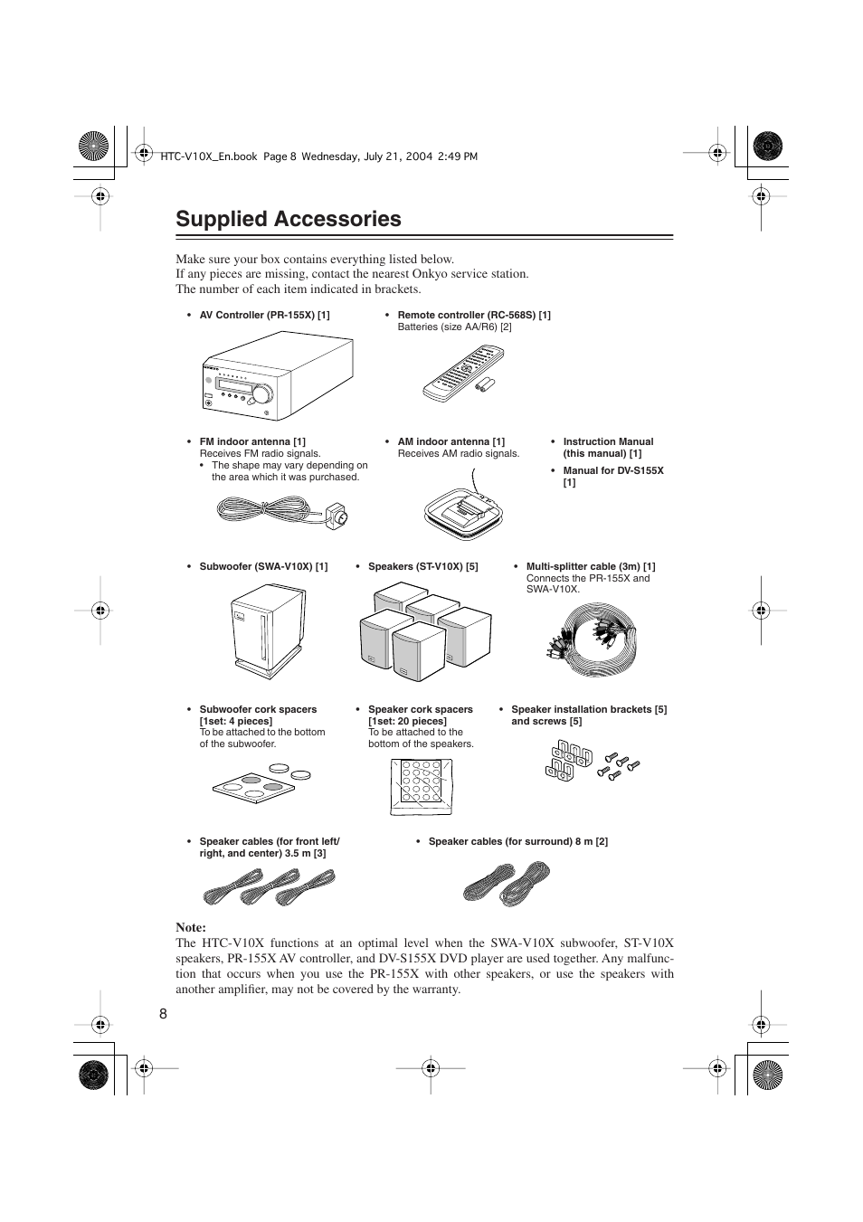 Supplied accessories | Onkyo HTC-V10X User Manual | Page 8 / 72