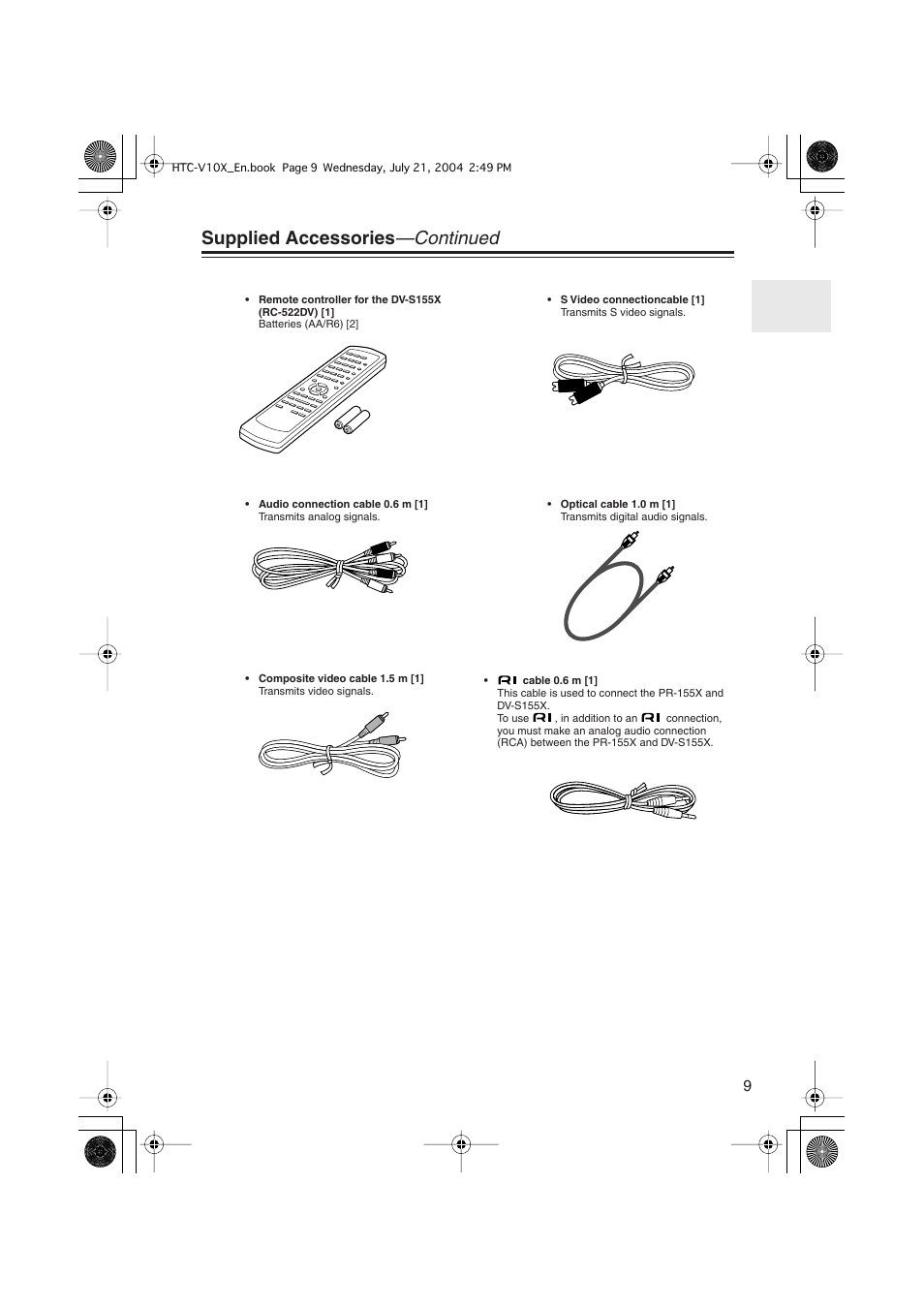 Supplied accessories —continued | Onkyo HTC-V10X User Manual | Page 9 / 72