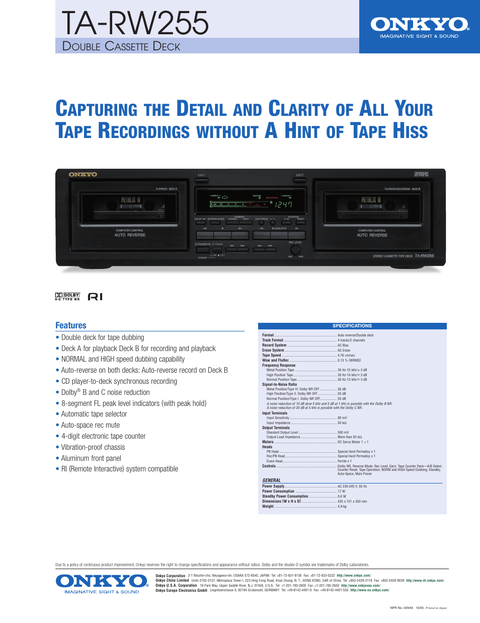 Onkyo TA-RW255 User Manual | 1 page