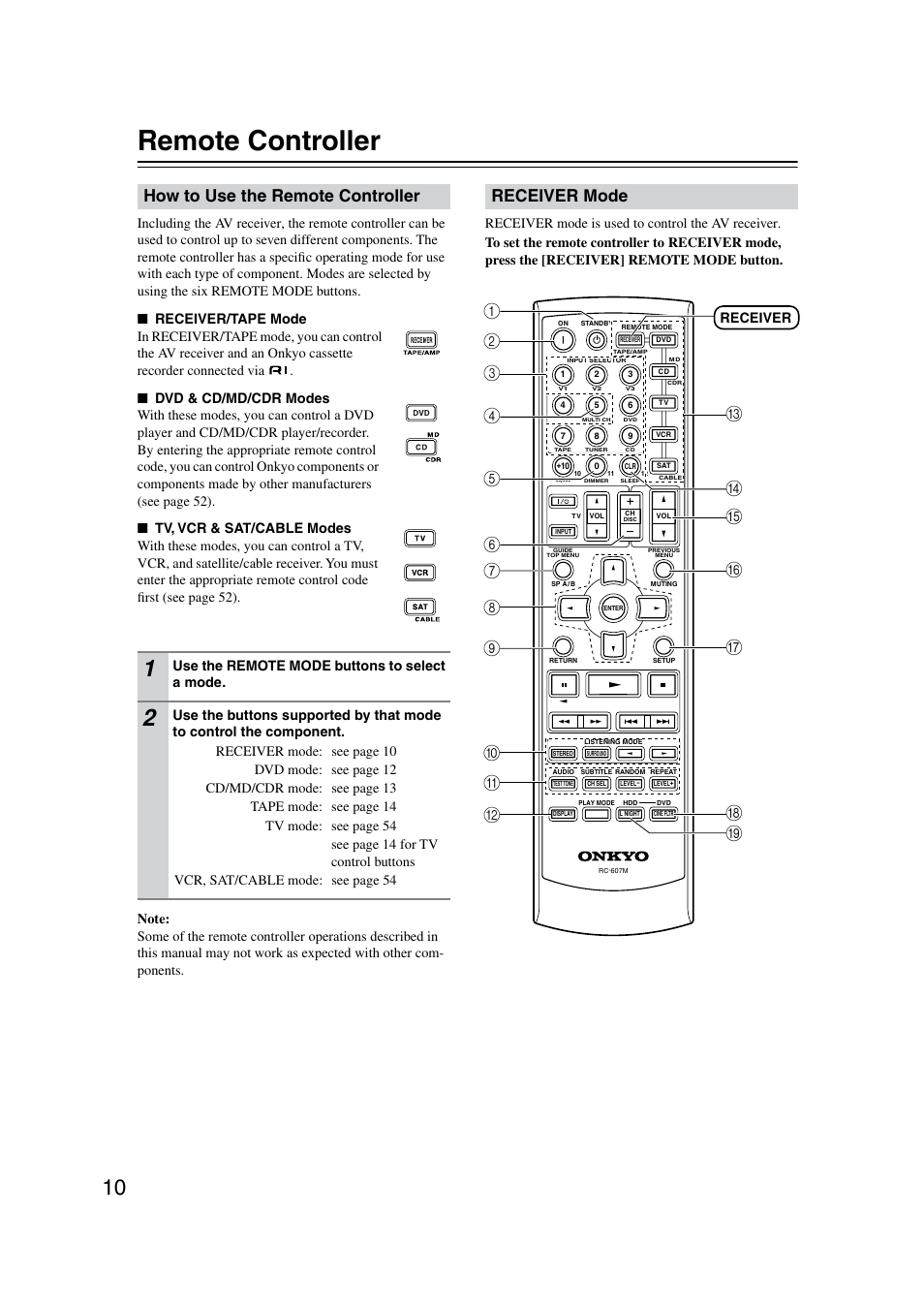 Remote control, Using the remote control, Remote controller | How to use the remote controller, Receiver mode, Use the remote mode buttons to select a mode, Receiver | Onkyo TX-SR8350 User Manual | Page 10 / 76