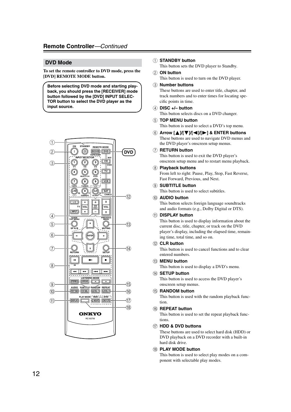 Remote controller —continued, Dvd mode, On p j k | Onkyo TX-SR8350 User Manual | Page 12 / 76