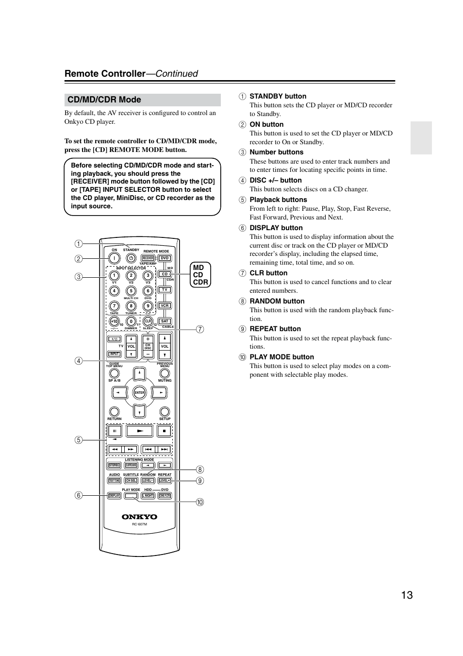 Remote controller —continued, Cd/md/cdr mode, Bg f e 8 c d a | Md cd cdr | Onkyo TX-SR8350 User Manual | Page 13 / 76