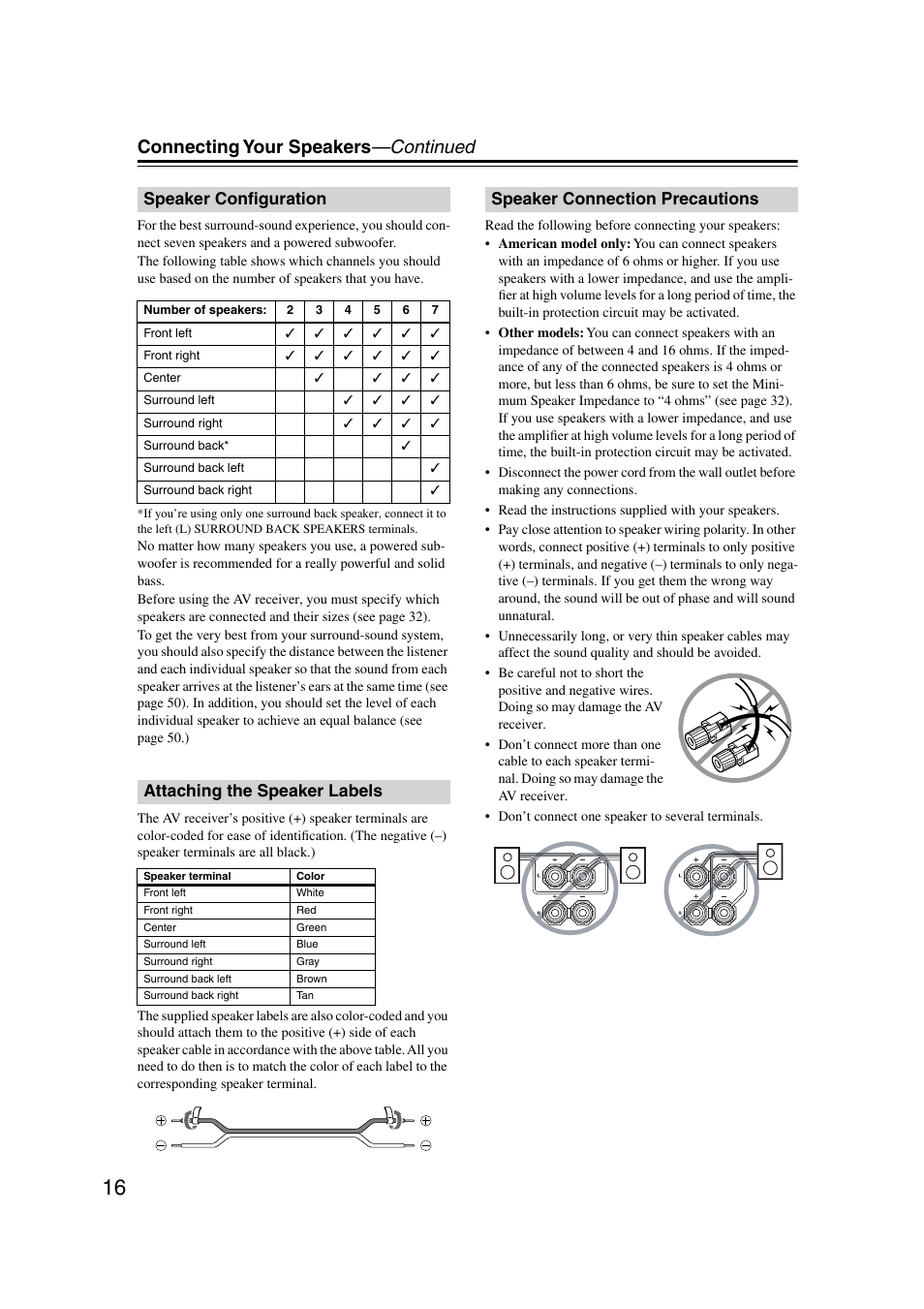 Connecting your speakers —continued, Speaker conﬁguration, Attaching the speaker labels | Speaker connection precautions | Onkyo TX-SR8350 User Manual | Page 16 / 76