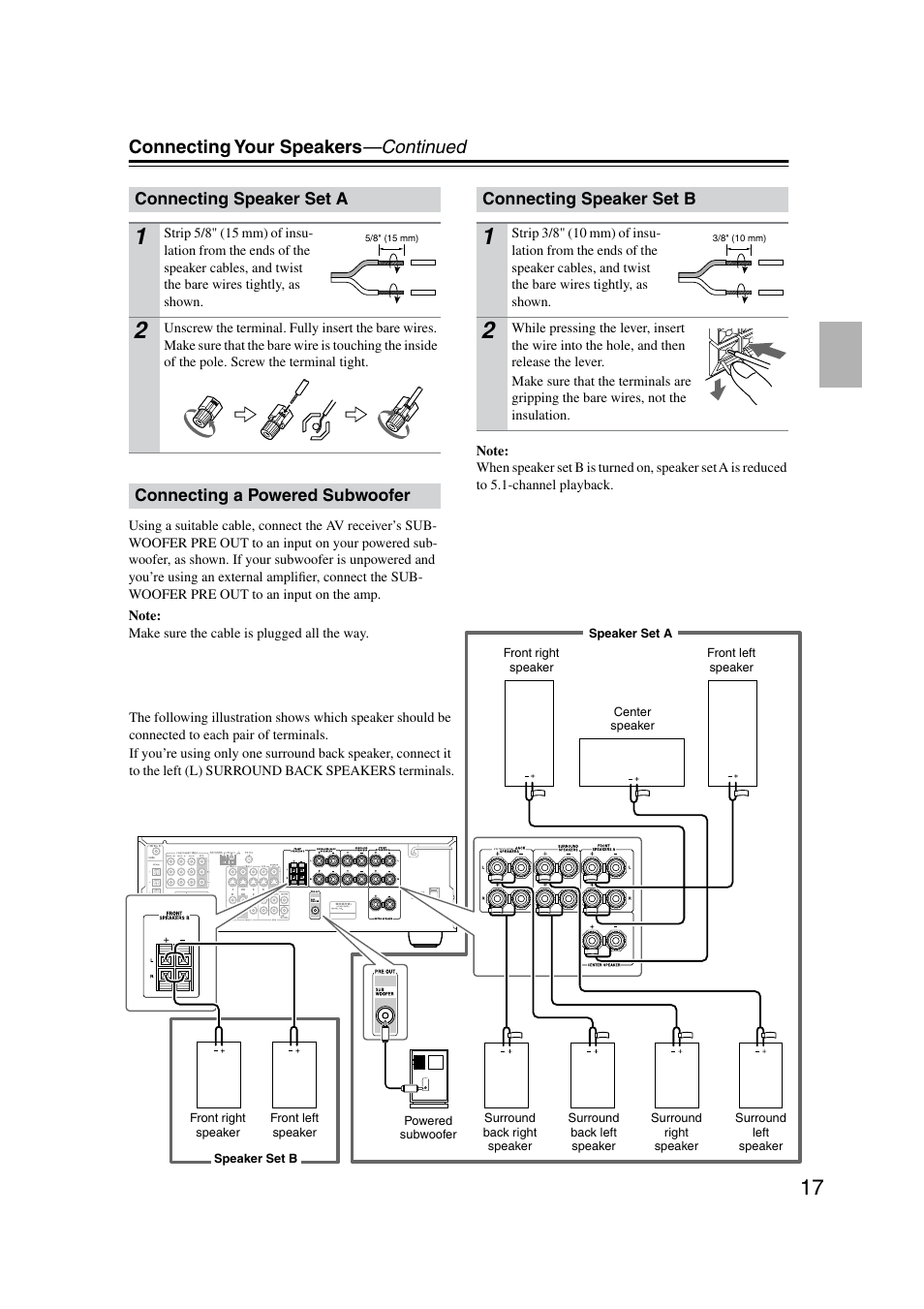 Powered subwoofer, Connecting your speakers —continued | Onkyo TX-SR8350 User Manual | Page 17 / 76