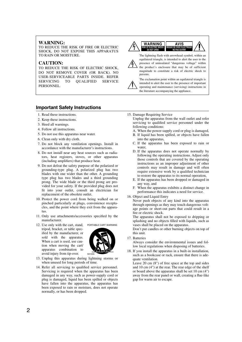 Important safety instructions, Warning, Caution | Onkyo TX-SR8350 User Manual | Page 2 / 76