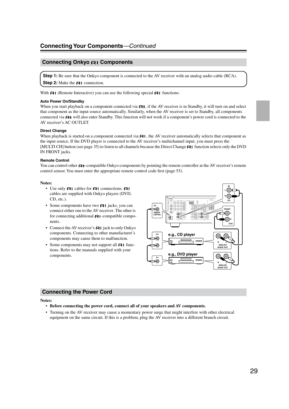 Onkyo ri components (remote interactive), Power cord, Connecting your components —continued | Connecting onkyo components, Connecting the power cord | Onkyo TX-SR8350 User Manual | Page 29 / 76