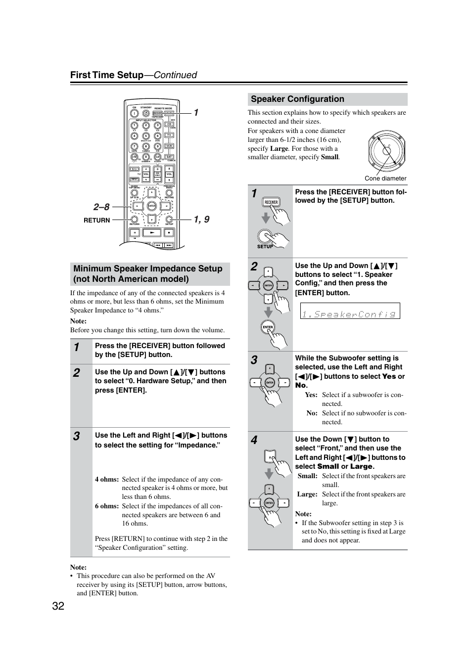 Speaker configuration, First time setup —continued, Speaker conﬁguration | Onkyo TX-SR8350 User Manual | Page 32 / 76