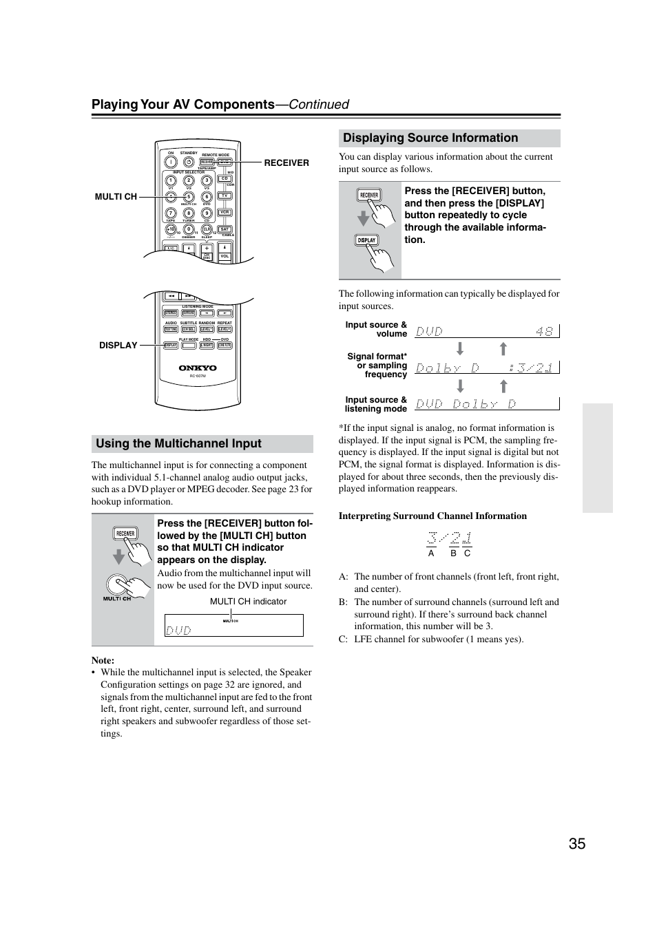 Multichannel input, Displaying source information, Playing your av components —continued | Using the multichannel input, Display receiver multi ch multi ch indicator | Onkyo TX-SR8350 User Manual | Page 35 / 76