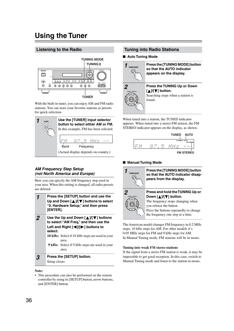 Using the tuner, Listening to the radio, Auto tuning | Manual tuning | Onkyo TX-SR8350 User Manual | Page 36 / 76