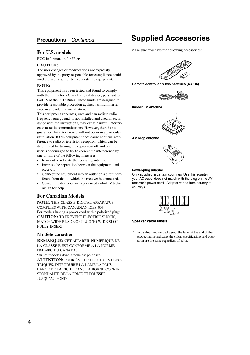 Supplied accessories, Precautions —continued for u.s. models, For canadian models | Modèle canadien, Caution, Remarque, Attention, Fcc information for user, Make sure you have the following accessories, Speaker cable | Onkyo TX-SR8350 User Manual | Page 4 / 76