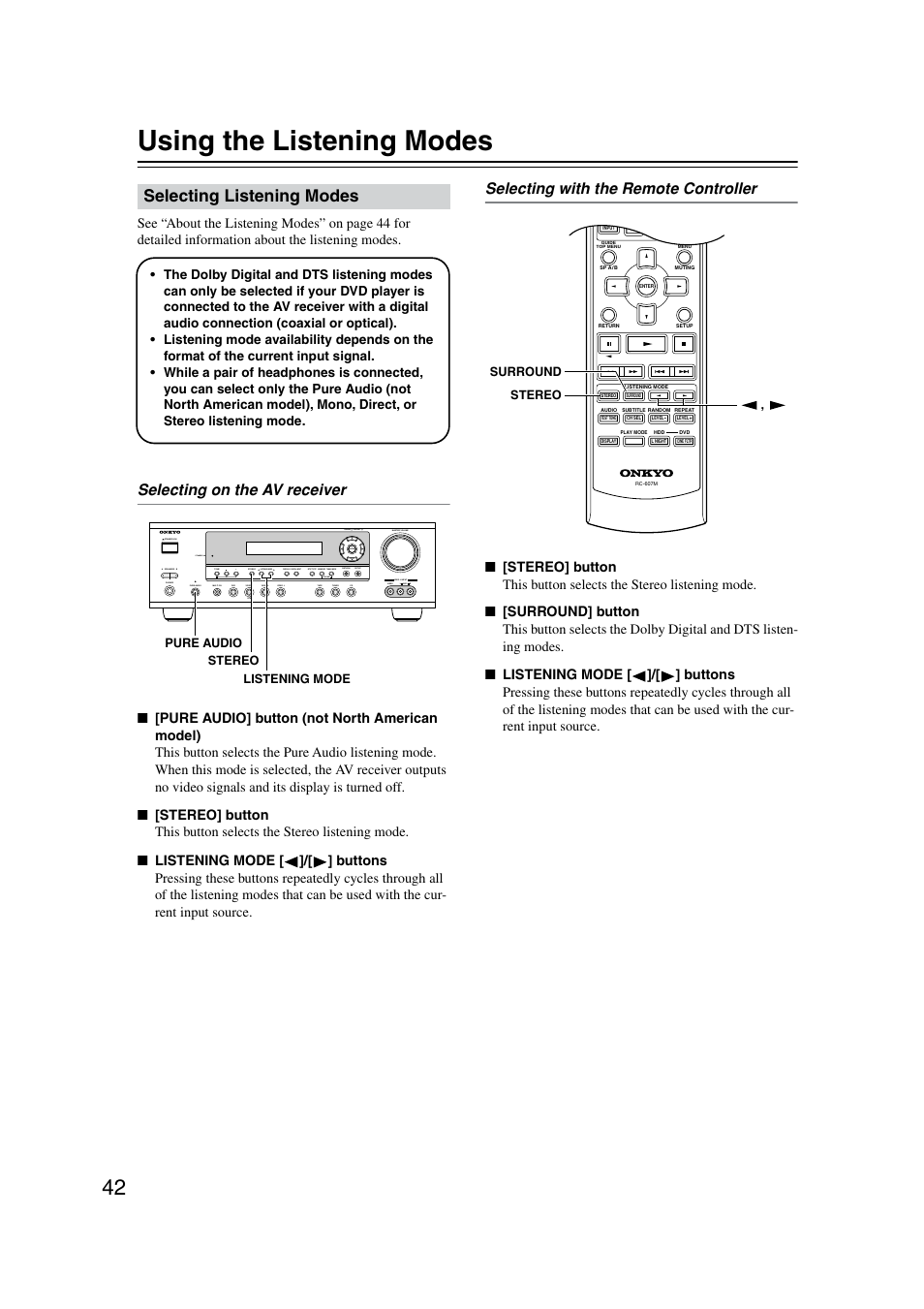 Listening modes, Selecting listening modes, Using the listening modes | Selecting on the av receiver, Selecting with the remote controller | Onkyo TX-SR8350 User Manual | Page 42 / 76
