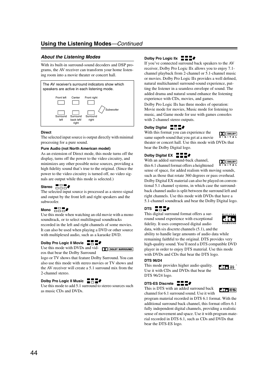 About the listening modes, Using the listening modes —continued | Onkyo TX-SR8350 User Manual | Page 44 / 76