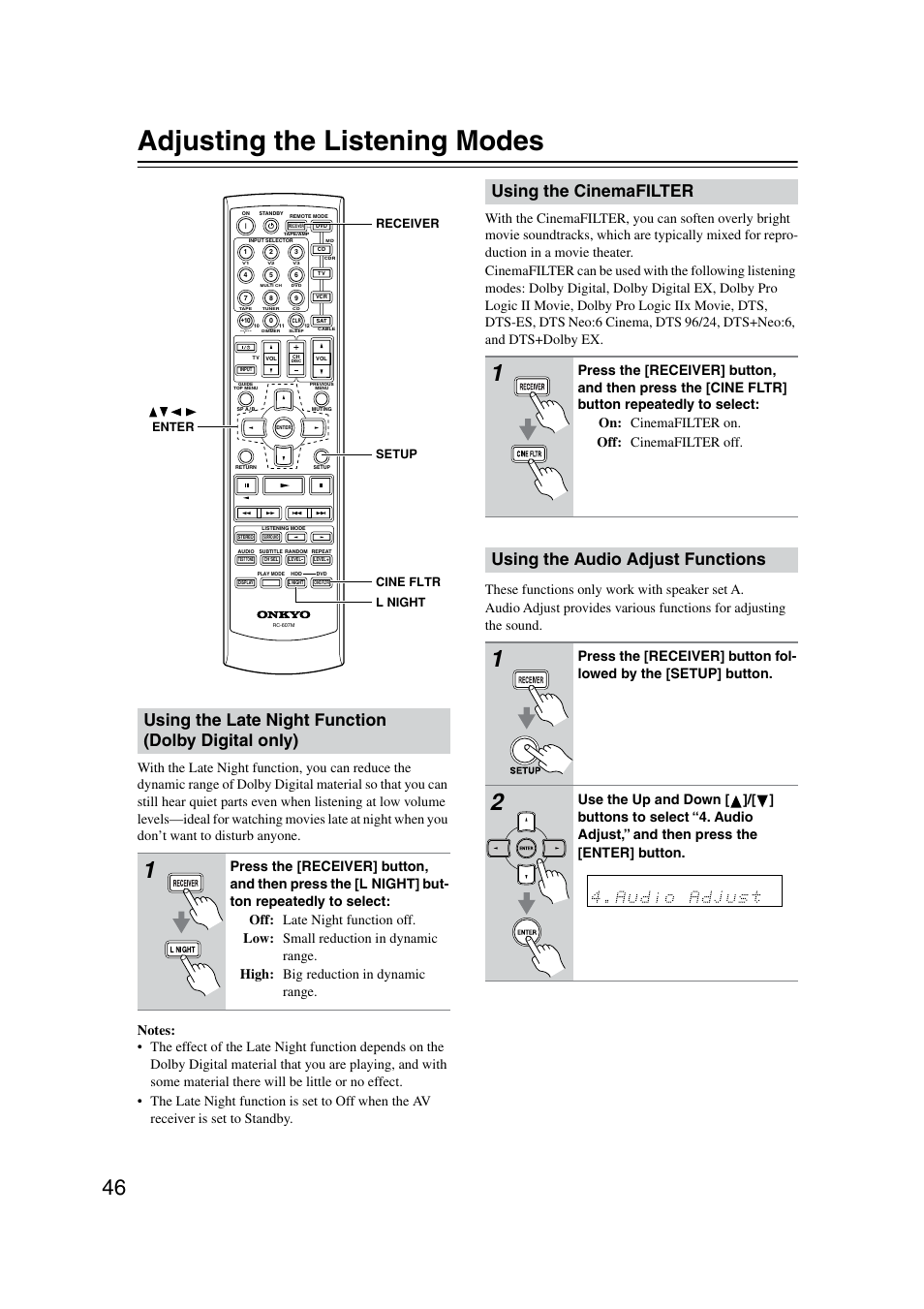 Adjusting the listening modes, Advanced operation, Using the late night function (dolby digital only) | Using the cinemafilter, Using the audio adjust functions, Setup receiver l night cine fltr enter | Onkyo TX-SR8350 User Manual | Page 46 / 76
