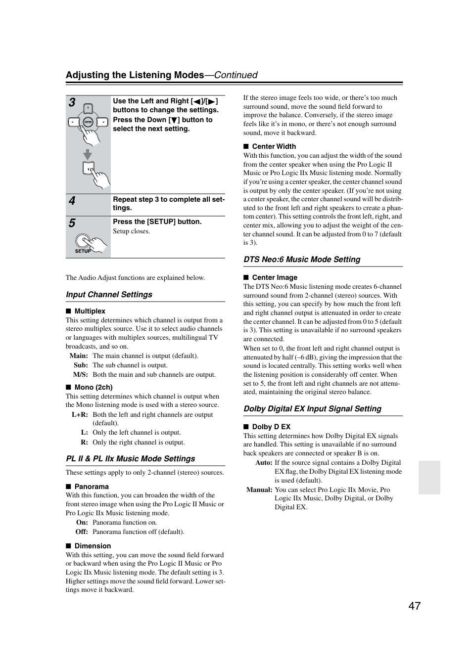 Adjusting the listening modes —continued | Onkyo TX-SR8350 User Manual | Page 47 / 76