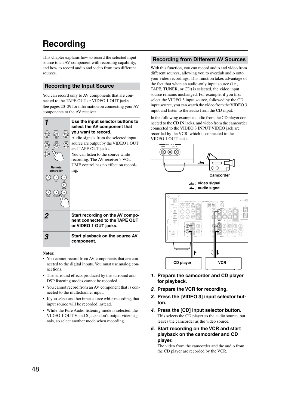 Recording, Recording the input source, Recording from different av sources | Onkyo TX-SR8350 User Manual | Page 48 / 76