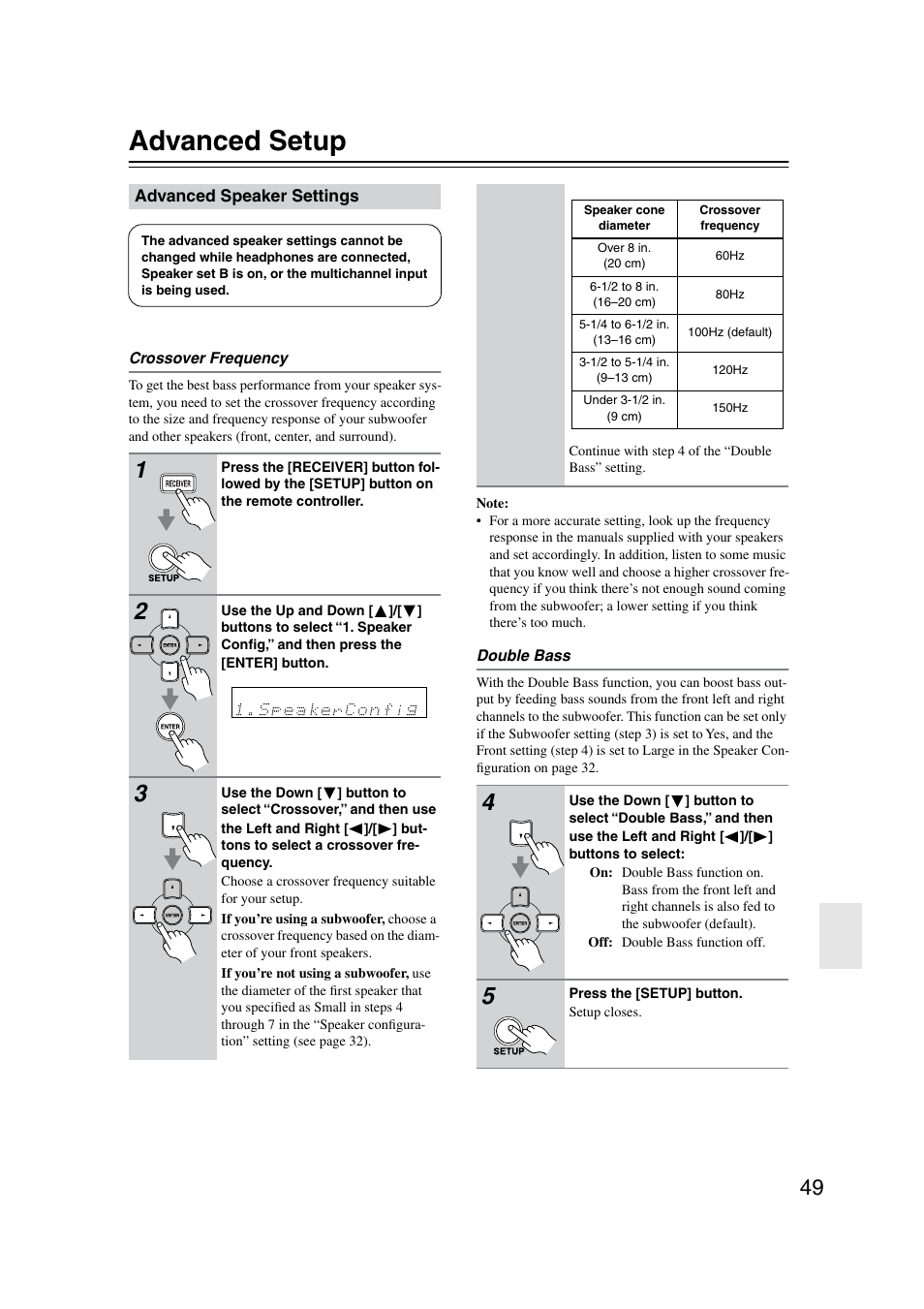 Crossover frequency, Double bass, Advanced setup | Onkyo TX-SR8350 User Manual | Page 49 / 76