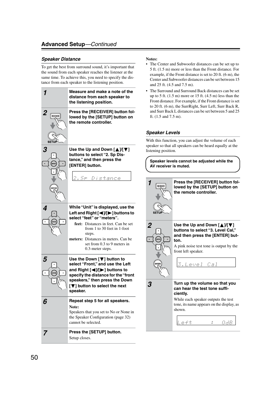 Speaker distance, Speaker levels | Onkyo TX-SR8350 User Manual | Page 50 / 76