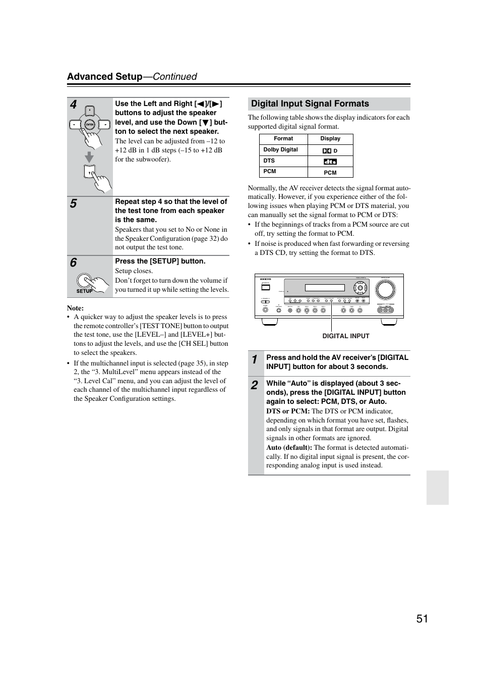 Digital input signal formats, Advanced setup —continued | Onkyo TX-SR8350 User Manual | Page 51 / 76