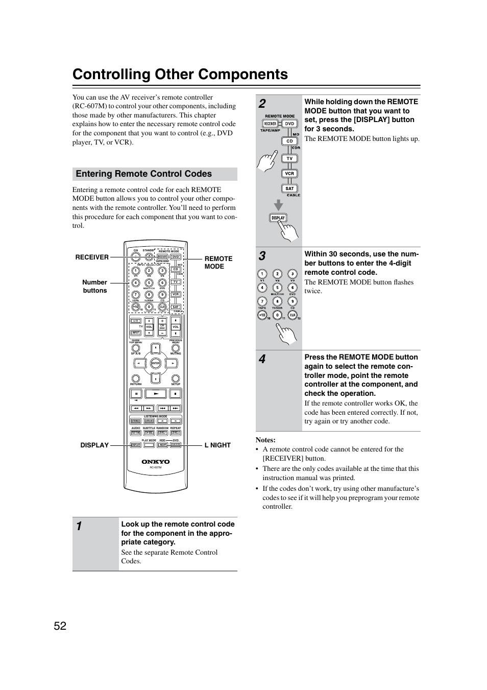 Programming the remote, Controlling other components, Entering remote control codes | Onkyo TX-SR8350 User Manual | Page 52 / 76