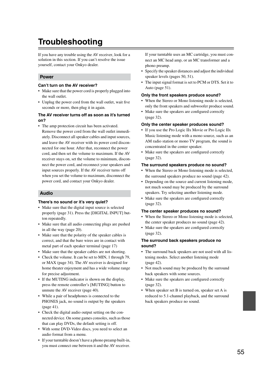 Troubleshooting | Onkyo TX-SR8350 User Manual | Page 55 / 76