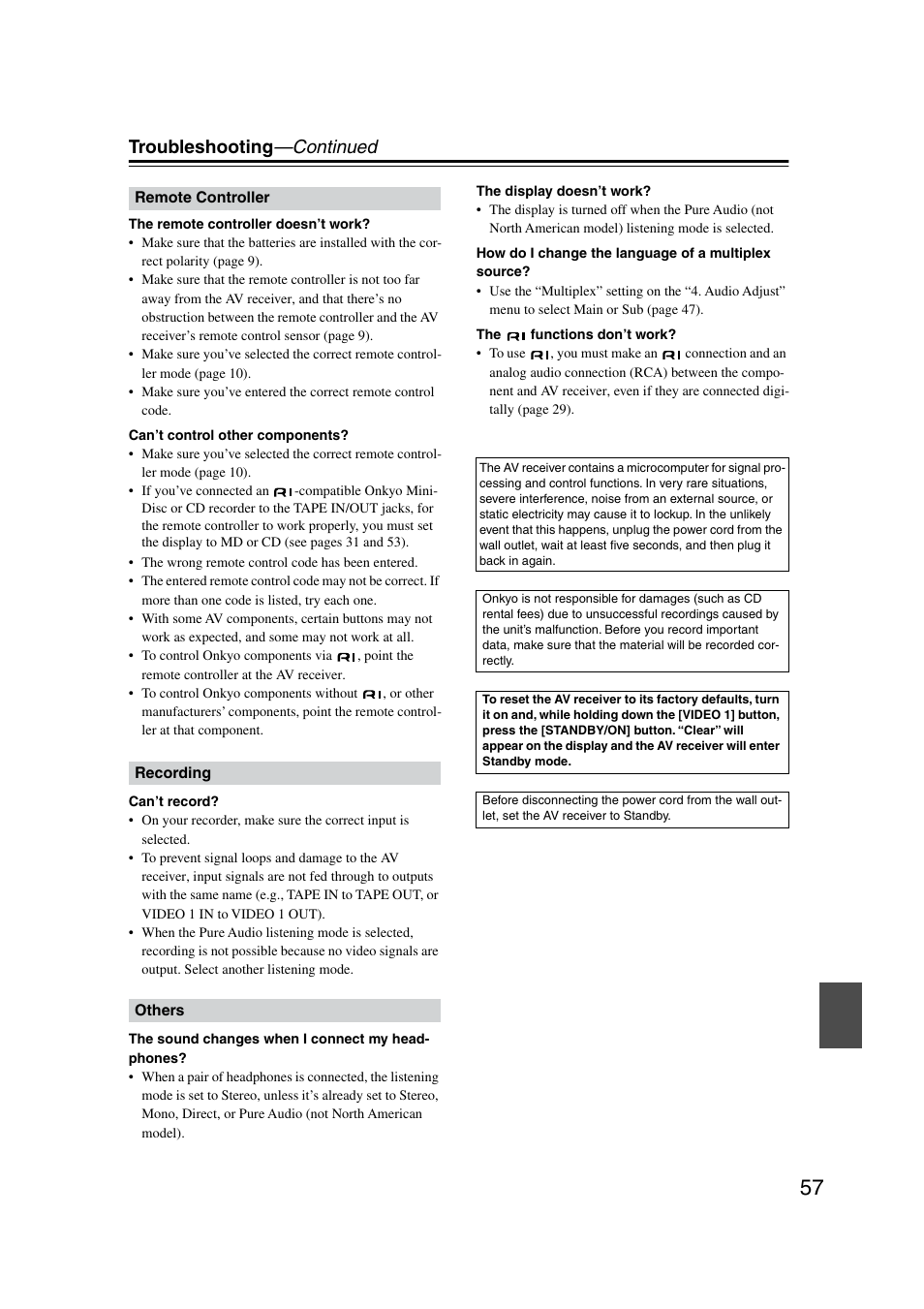 Reset, Troubleshooting —continued | Onkyo TX-SR8350 User Manual | Page 57 / 76