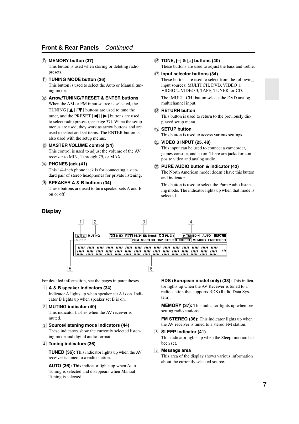 Front panel display, Front & rear panels —continued | Onkyo TX-SR8350 User Manual | Page 7 / 76