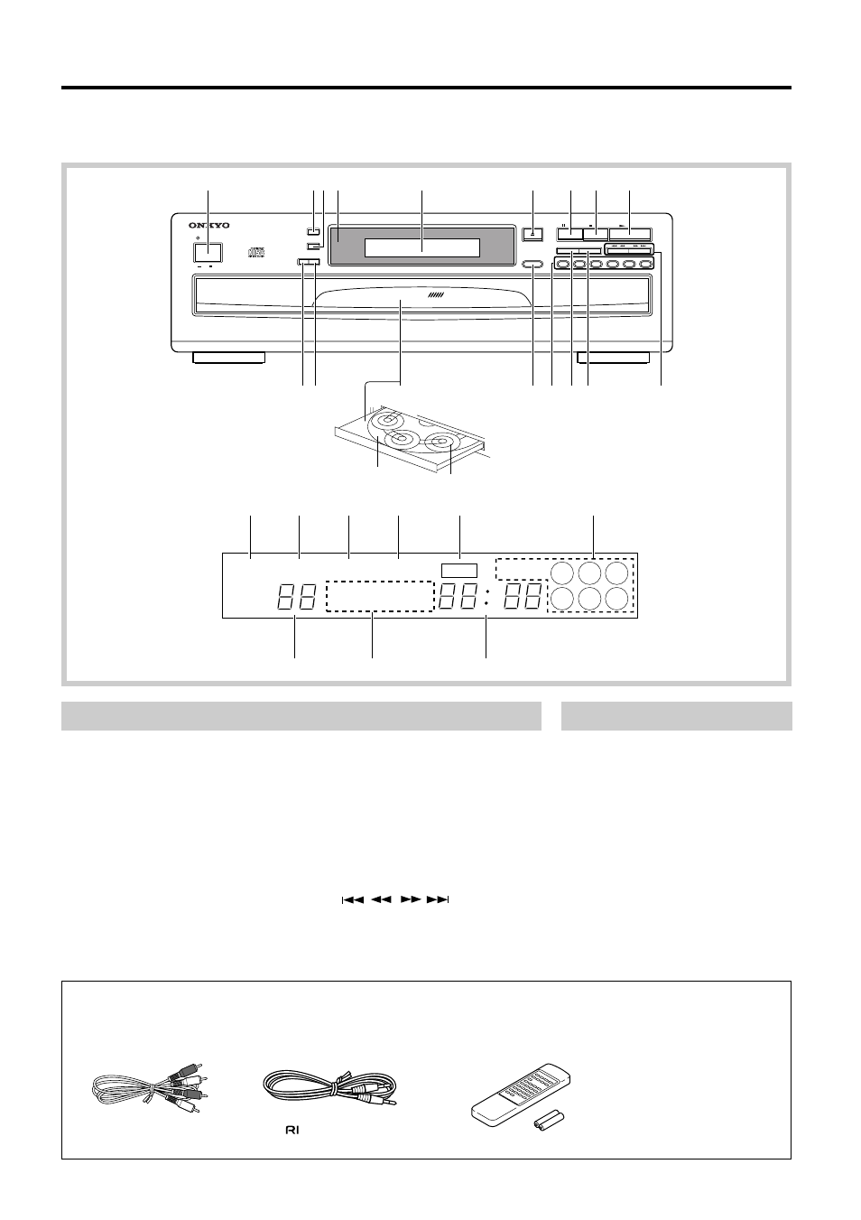 Control positions and names, Control positions and names supplied accessories, Front panel display | Supplied accessories | Onkyo DX-C380 User Manual | Page 5 / 16