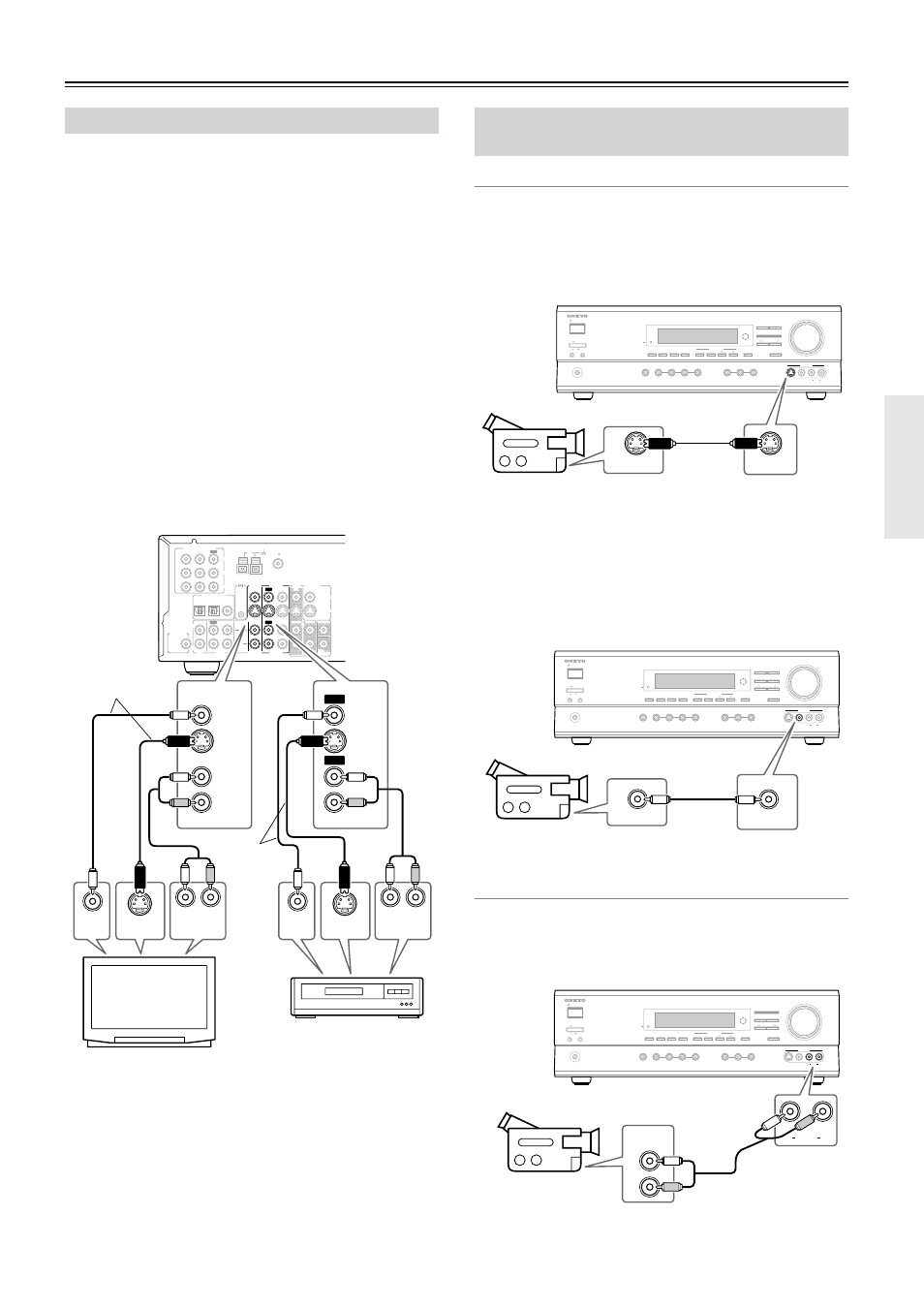 Connecting a vcr for recording, Connecting a camcorder, games console, etc, Video connections | Using svideo, Using composite video, Audio connections, S (15, Connecting your av components —continued, Using s-video, Standby/on phones master volume video | Onkyo TX-SR501 User Manual | Page 15 / 48