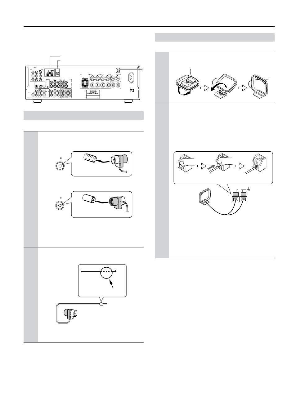 Connecting antenna, Connecting the indoor fm antenna, North american model | Other models, Connecting the am loop antenna, Am antenna (22, Fm antenna (22, Attach the fm antenna, as shown, North american model ■ other models, Am antenna push terminals fm antenna connector | Onkyo TX-SR501 User Manual | Page 22 / 48