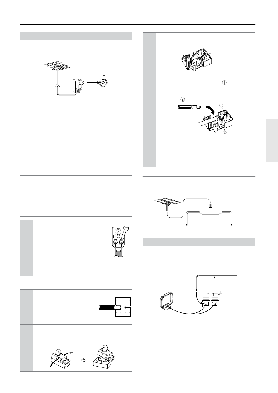Connecting an outdoor fm antenna, Using the 75/300-ohm antenna adapter, Connecting 300-ohm flat cable | Connecting 75-ohm coaxial cable, Using a tv/fm antenna splitter, Connecting an outdoor am antenna, Connecting antenna —continued, Plug the adapter into the 75 ω socket | Onkyo TX-SR501 User Manual | Page 23 / 48