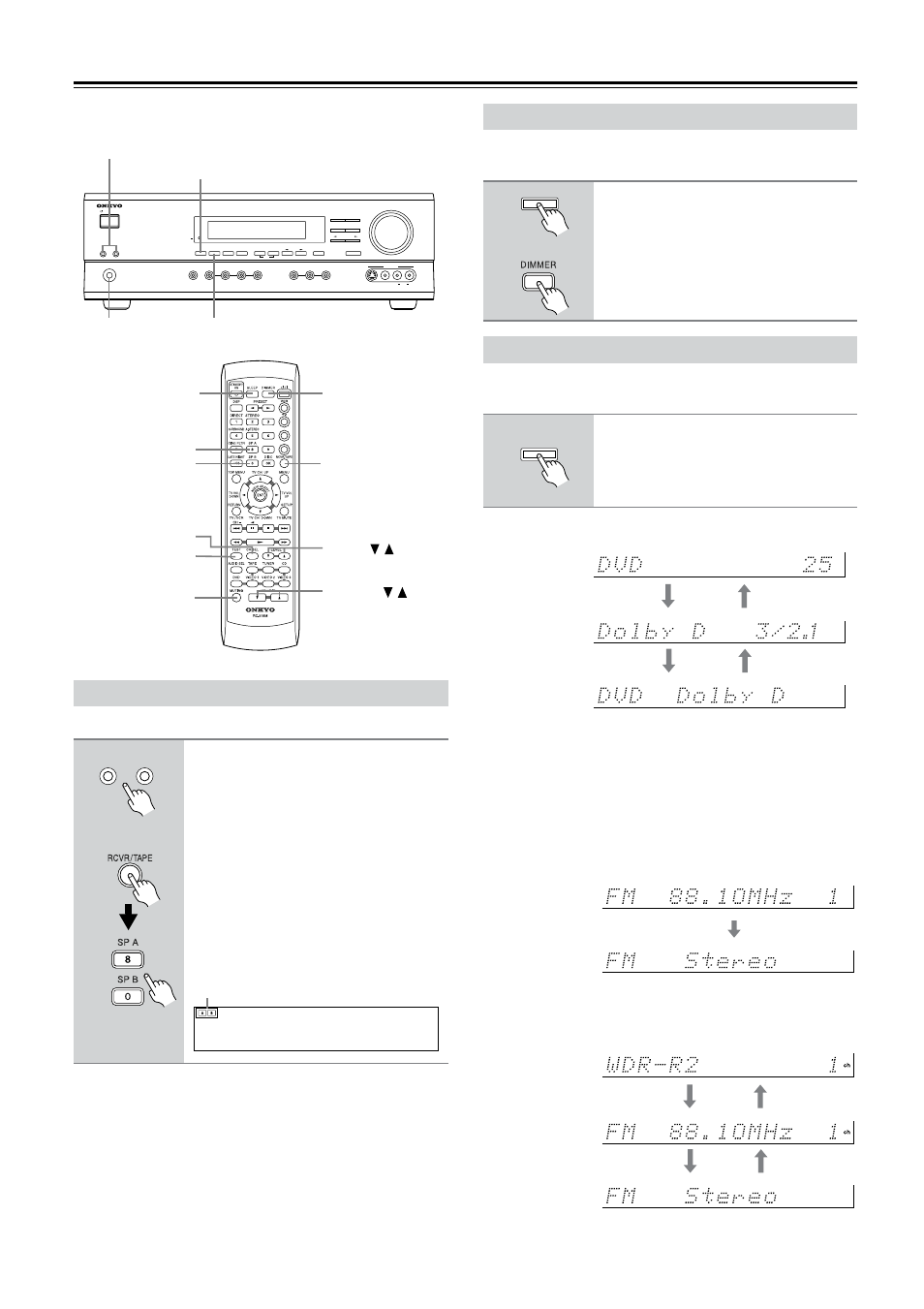 Common functions, Turning speaker sets on & off, Setting the display brightness | Displaying source information, Utton (32), Clear, A & b speakers indicators | Onkyo TX-SR501 User Manual | Page 32 / 48