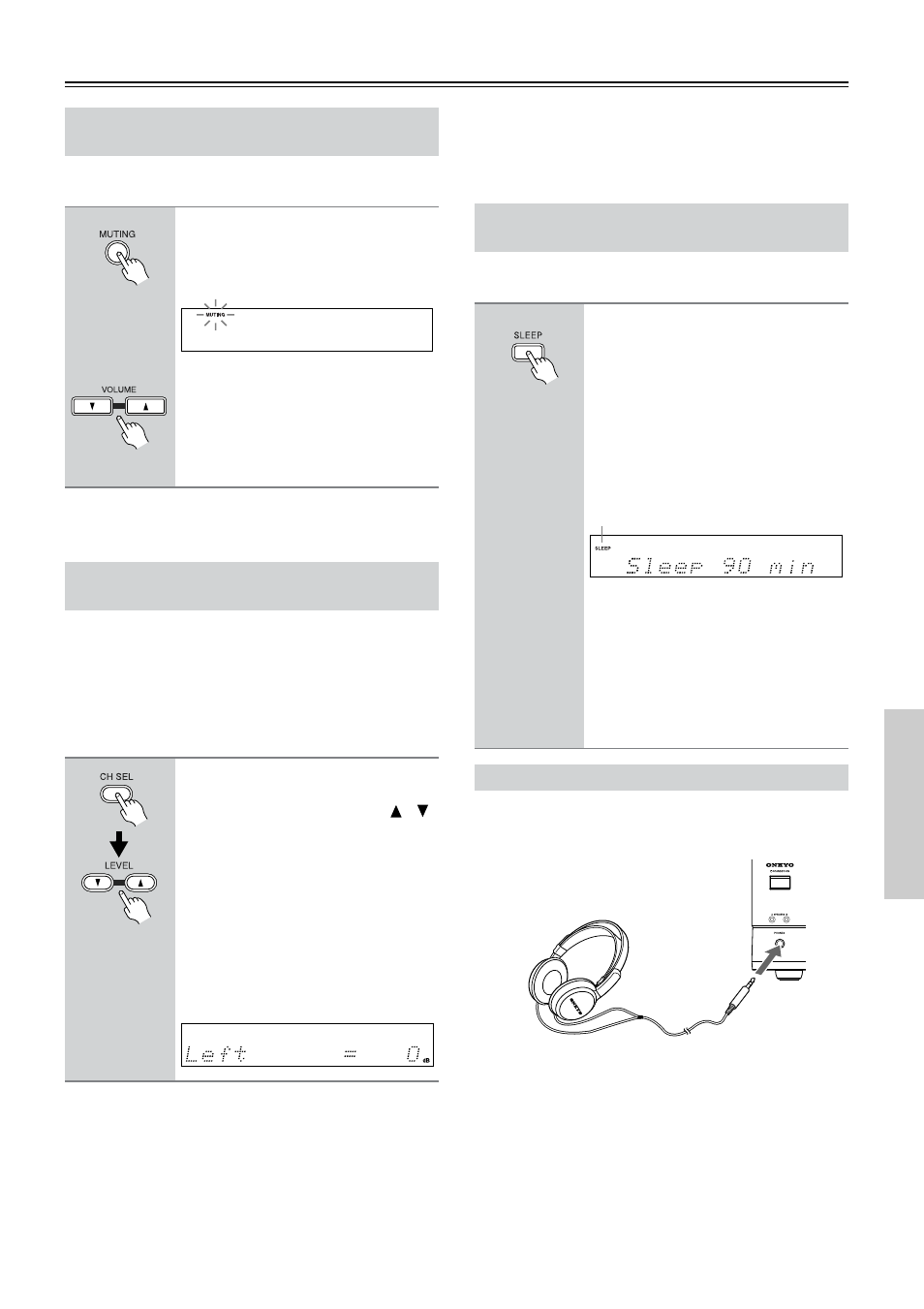 Adjusting the speaker balance temporarily, Using the sleep timer (remote controller only), Using headphones | K (33), Muting indicator (33), Sleep indicator (33), Utton (33) | Onkyo TX-SR501 User Manual | Page 33 / 48