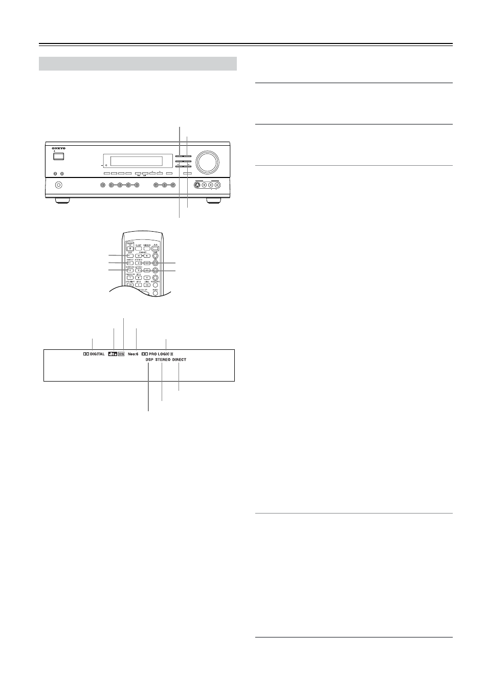 Selecting the listening modes, Direct] button, Stereo] button | Surround] button, Dsp] button, A.stereo] button, Uttons (36), Using the listening modes —continued, Clear | Onkyo TX-SR501 User Manual | Page 36 / 48