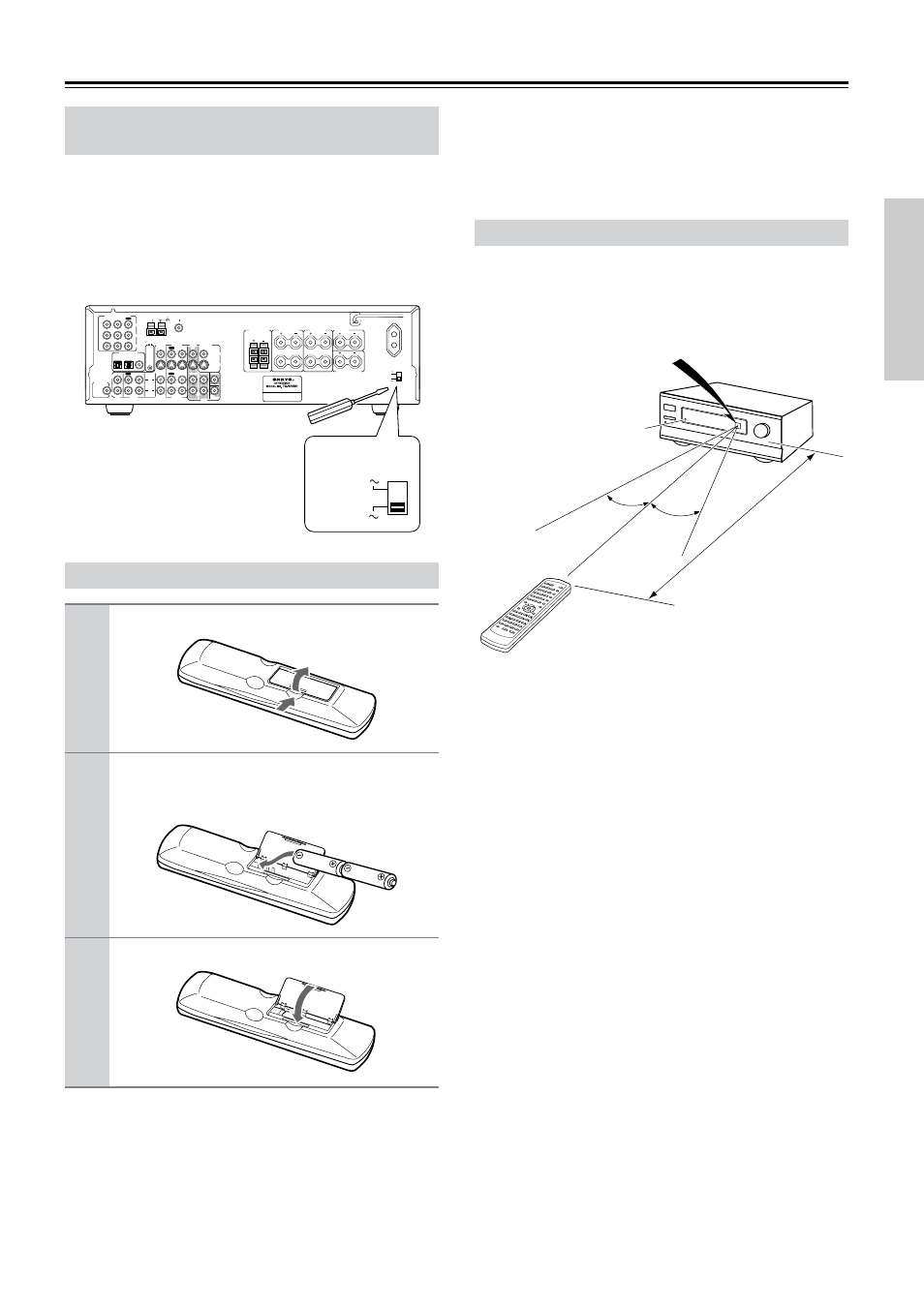 Before using the txsr501/txsr501e, Installing the batteries, Using the remote controller | Before using the tx-sr501/tx-sr501e, Open the battery compartment, as shown, Close the battery compartment, Voltage selector | Onkyo TX-SR501 User Manual | Page 5 / 48