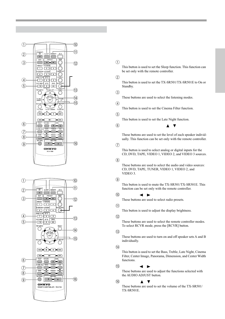 Remote controller—rcvr mode | Onkyo TX-SR501 User Manual | Page 9 / 48