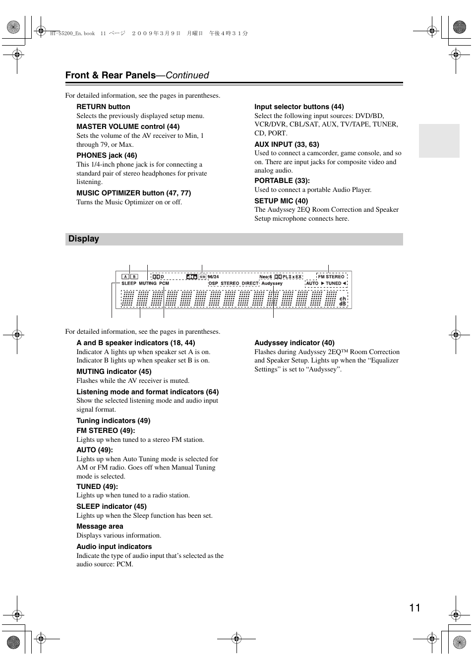 Display, Front & rear panels —continued | Onkyo HT-S5200 User Manual | Page 11 / 92