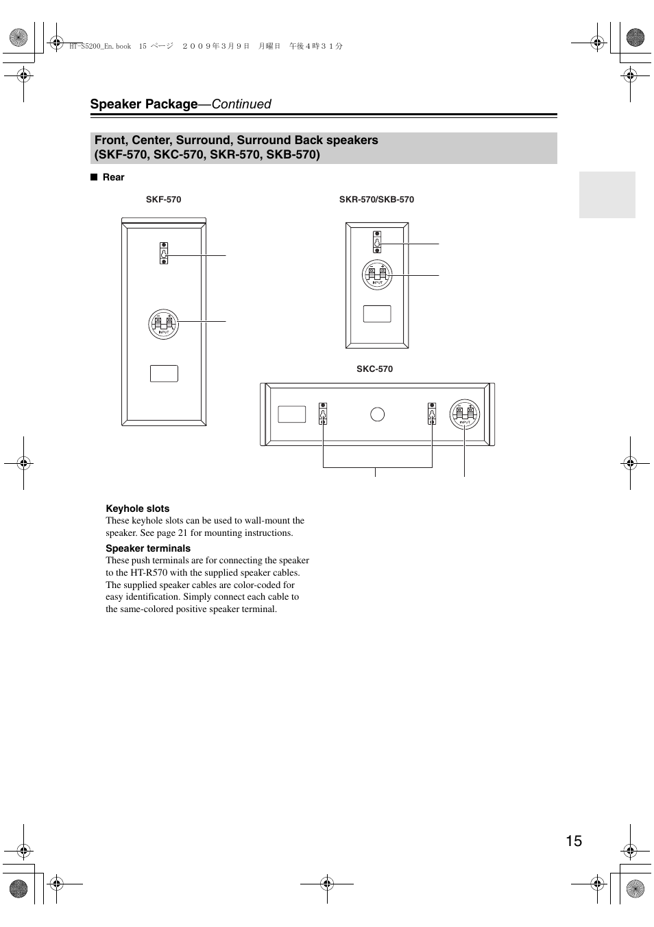 Front, center, surround, surround back speakers, Skf-570, skc-570, skr-570, skb-570), Speaker package —continued | Onkyo HT-S5200 User Manual | Page 15 / 92