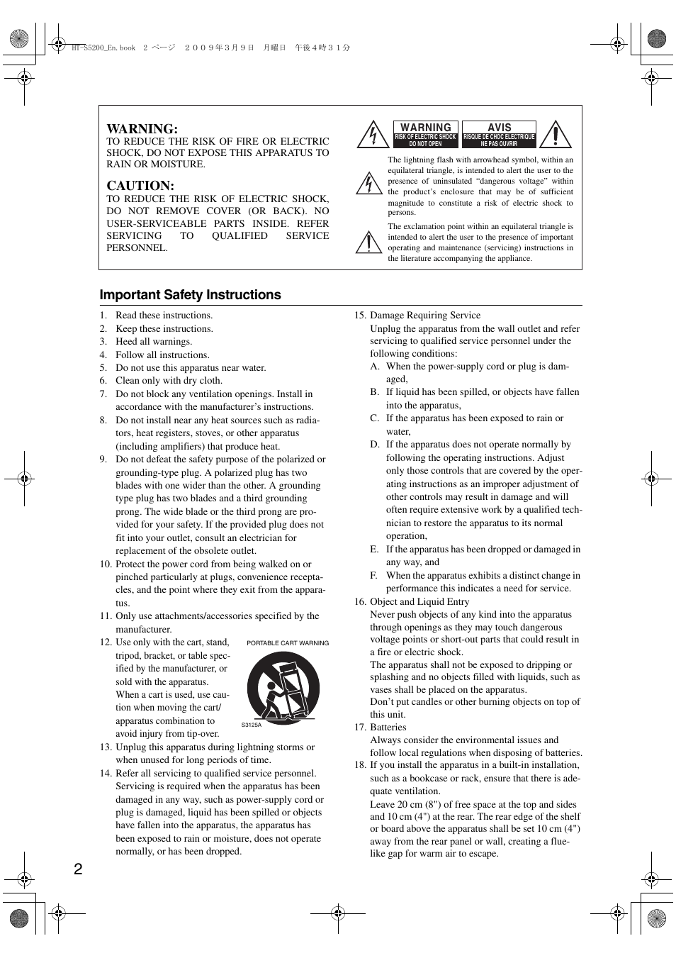 Important safety instructions, Warning, Caution | Onkyo HT-S5200 User Manual | Page 2 / 92